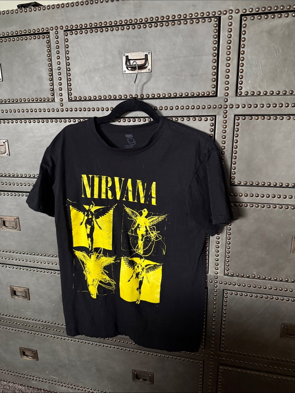NIRVANA Black Short Sleeve Tee with Yellow Graphic Squares